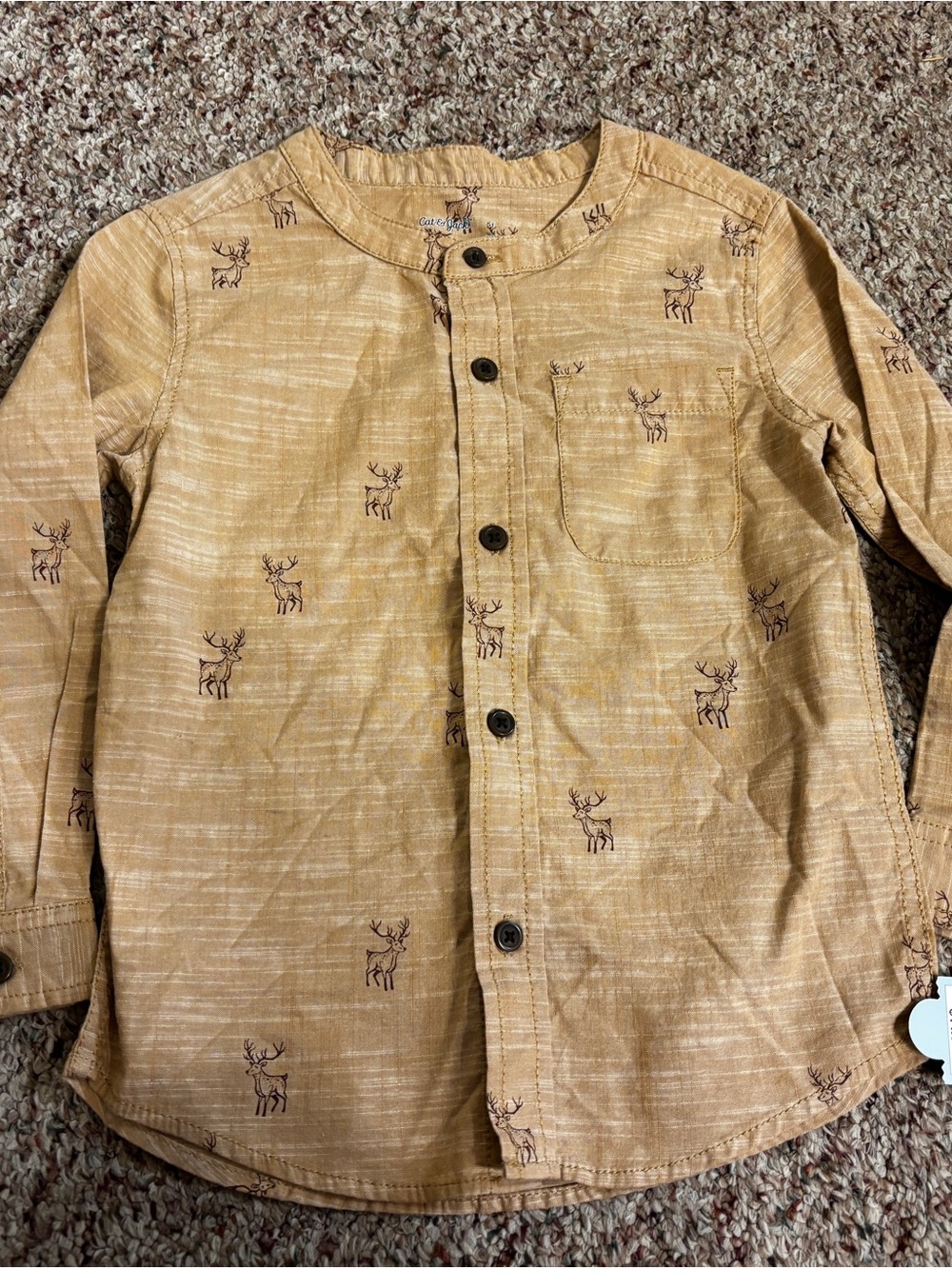 Tan Henley collarless button down Shirt with Deer Print